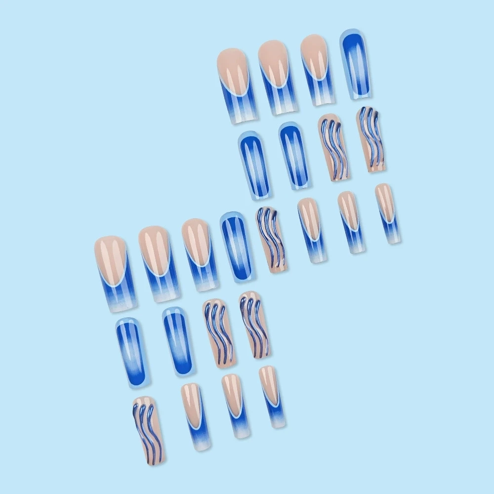 24 Uds. De uñas postizas francesas con gradiente de rubor azul 3D Y2k, uñas postizas con diseños de rayas Aurora, uñas postizas con acabado de Ballet largo