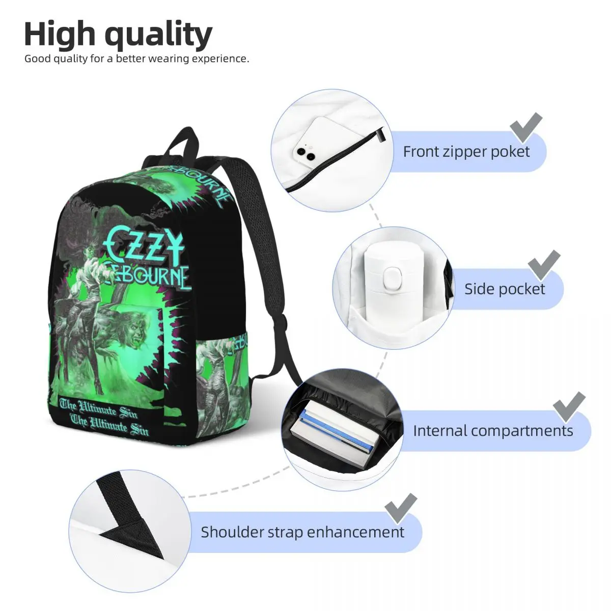 ヘビーメタルロックオジー・オズボーン究極サンバーストネオン V2 バックパックユースビッグバックパック高校バッグトレッキングリュックサック