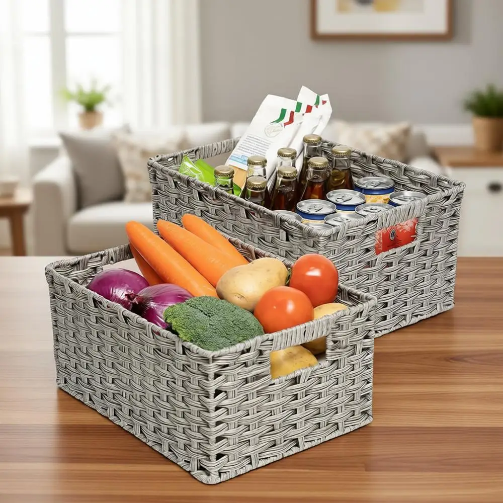 

Set of 2 Waterproof Wicker Storage Baskets, Grey, Large 15 & Medium 14 for Organizing