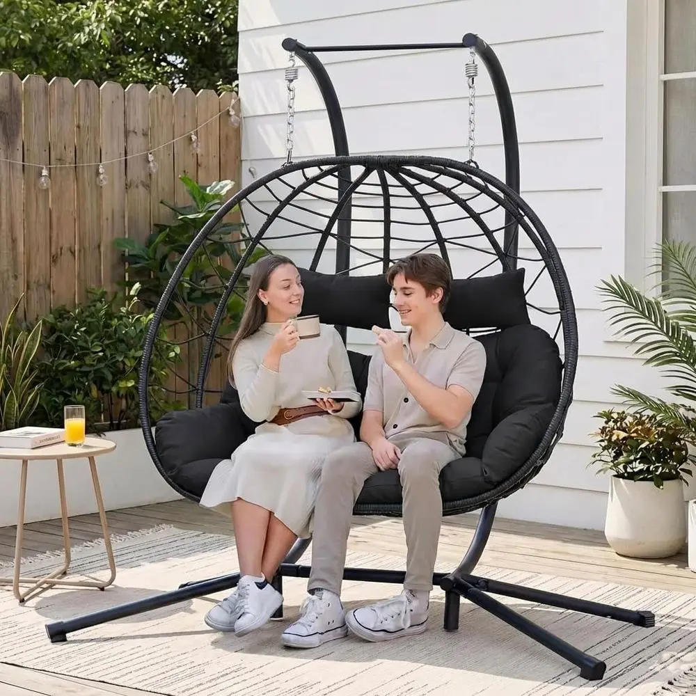 

Durable 2-Person Wicker Hanging Egg Chair with Stand - 700 lbs Capacity, Suitable for Indoor and Outdoor Use in Various Settings
