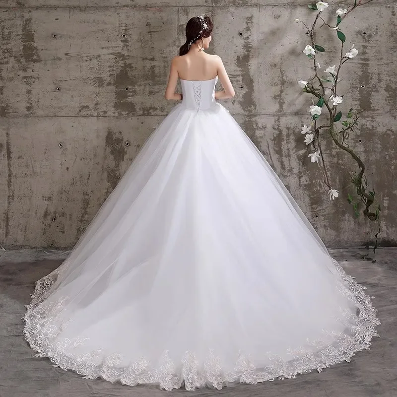 Cheap Wedding Dresses White Embroidery Tulle Ruffles Strapless Princess Trailing Lace up Plus size Simple Bride Ball Gowns XN021