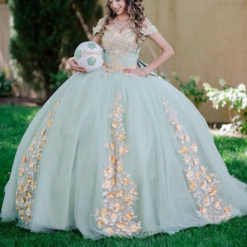 

Green Quinceanera Dresses Off The Shoulder Applique Lace Beading Crystal Tull Corset Party Birthday Sweet 16 Dress Vestidos 15