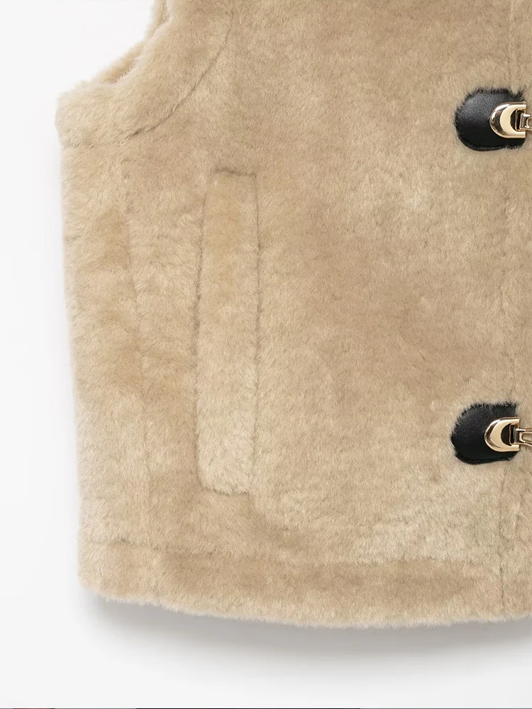 欧米風2025年秋新作 レディース フード付き ノットバックル フェイクファー風ベストジャケット