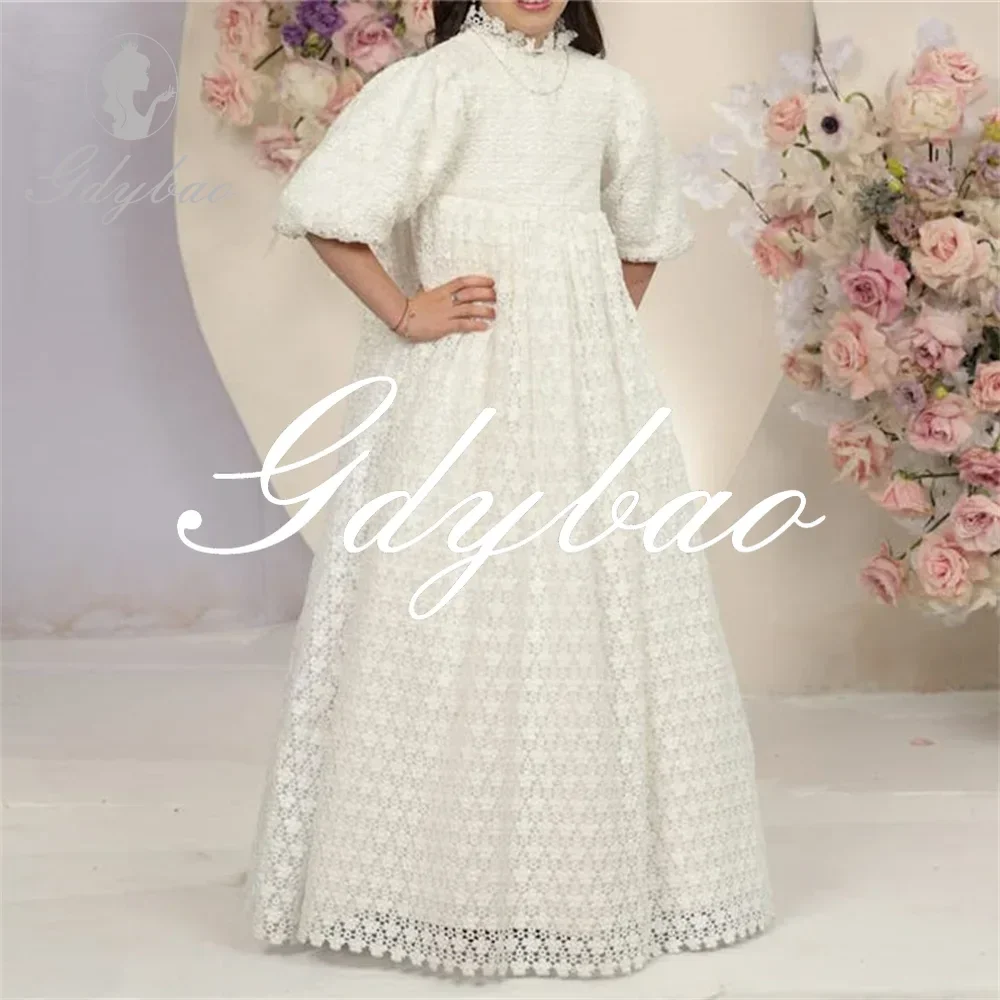 تخصيص الرقبة العالية الطية زين نفخة الأكمام ألف خط الدانتيل زهرة فتاة اللباس الطابق طول أنيقة رسمية ثوب التواصل الأول