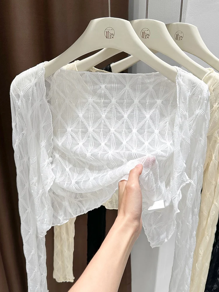 Pure Desire Long Sleeve Lace Open Cardigan Women's Summer Thin Veil Strap Outer Small Shawl Perforation Sunscreen Cover up Top