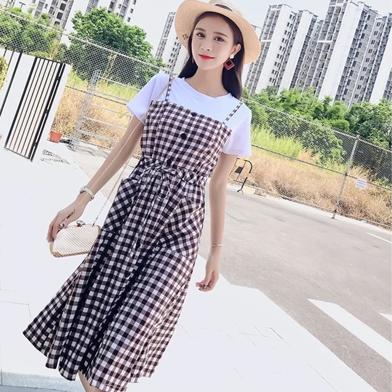 Women's Summer Casual Joker Plaid Dress Korean Fashion Lady Patchwork O-Neck Short Sleeve Dresses 2022 New Clothing Female