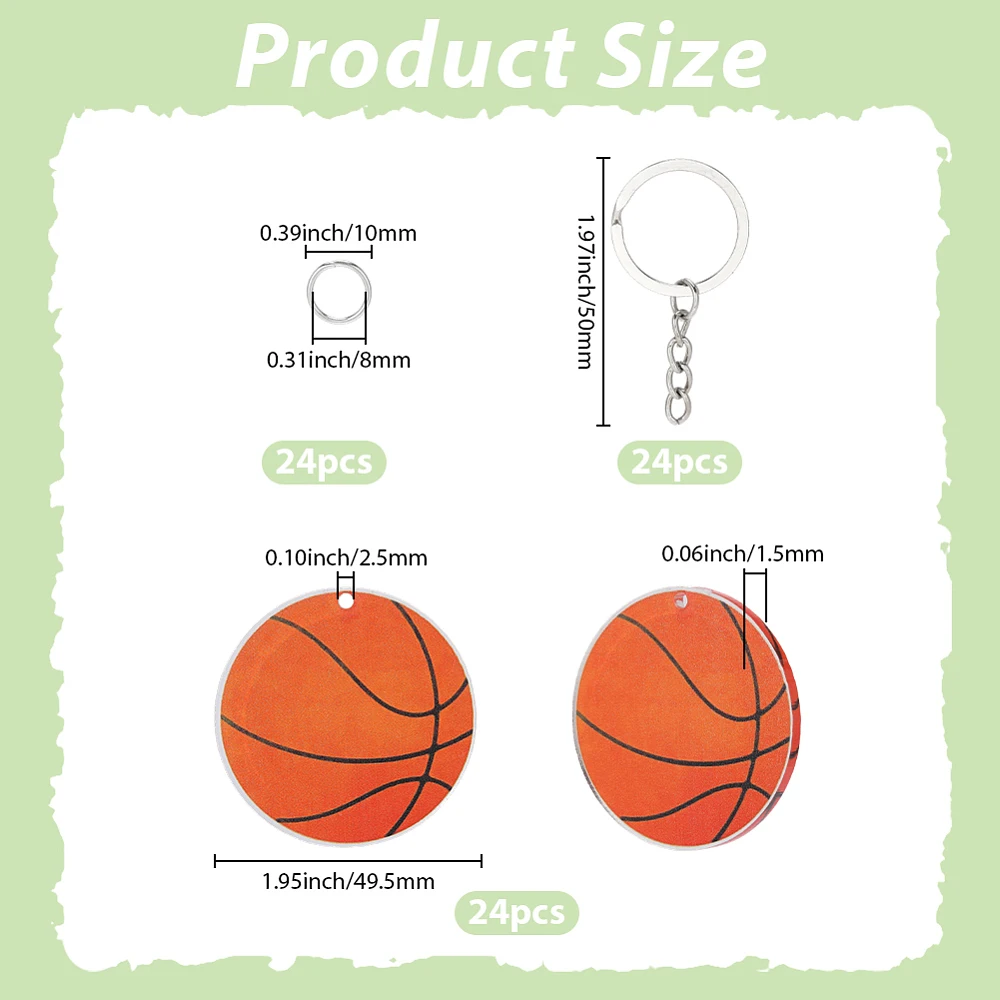 1 Box 72Pcs 24 Sets Basketball Keychain Bulk Sports Key Chain Kit with 24 Key Rings 24 Jump Ring Acrylic Basketball Blank Sport