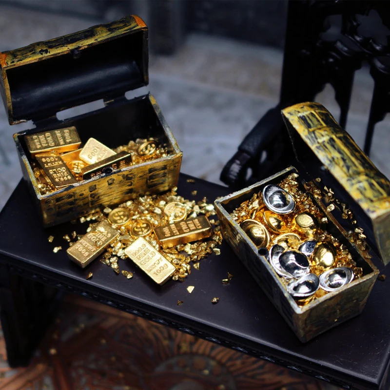 1 conjunto de casa de bonecas 1:12, mini baú de tesouro, barra de ouro, modelo de moeda, casa de boneca, micro cena, decoração, brinquedos de casa de brincar para crianças