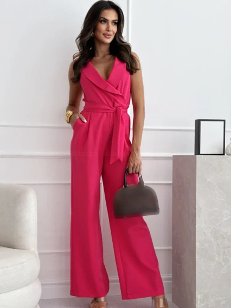 

Elegant Women's White Black Sleeveless Jumpsuit Summer V-neck High Waist Fashion Casual Lace Up Wide Leg Jumpsuits Female