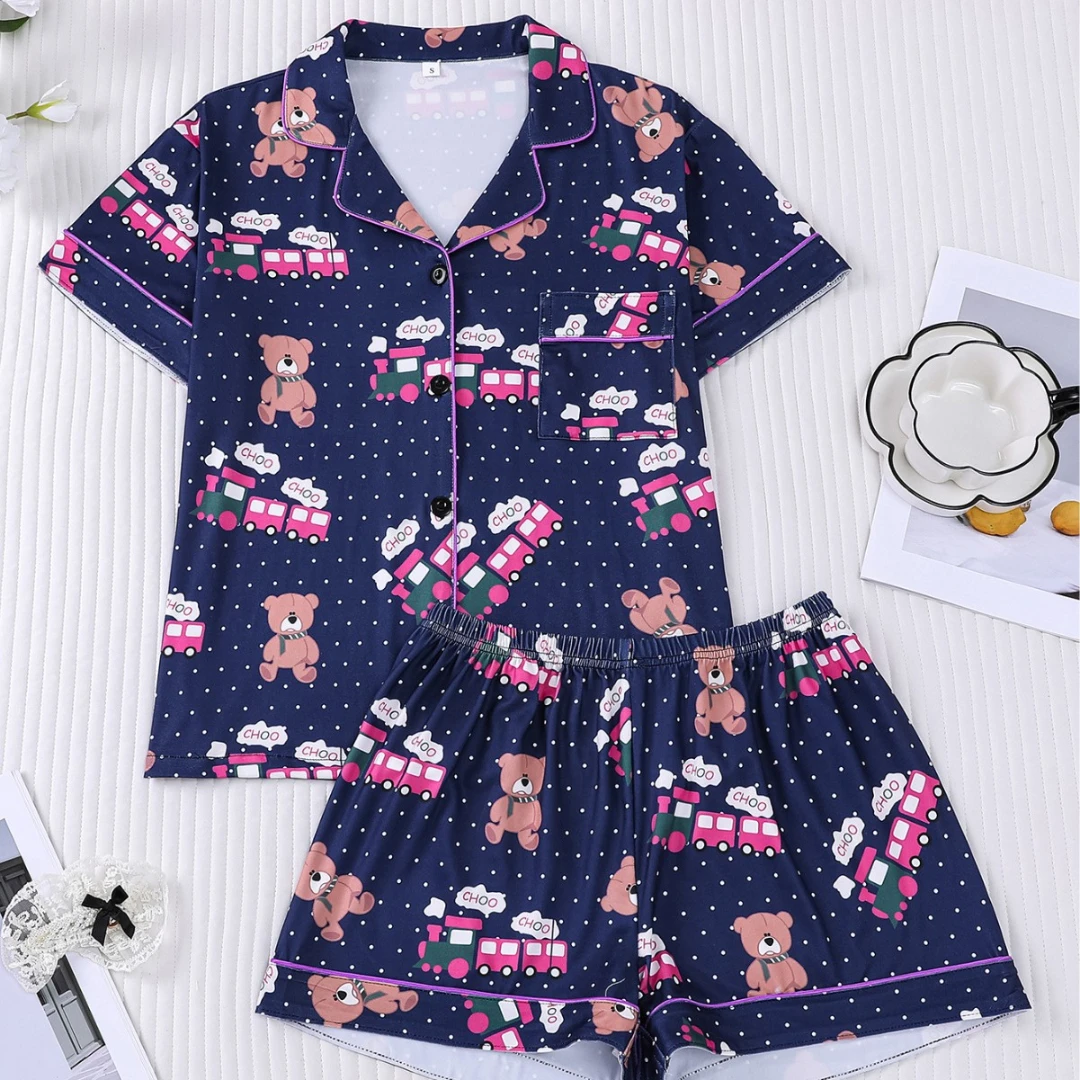 

Navy Blue Women Pajama Set Animal Themed with Bear & Cartoon Train Print Print Lapel Shortssleeved and Shorts Pants Home Wear