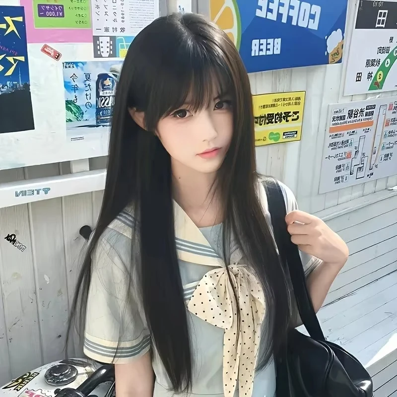 Black synthetic wig with long straight hair - Halloween party cosplay hair accessory - everyday wig - high temperature hair band