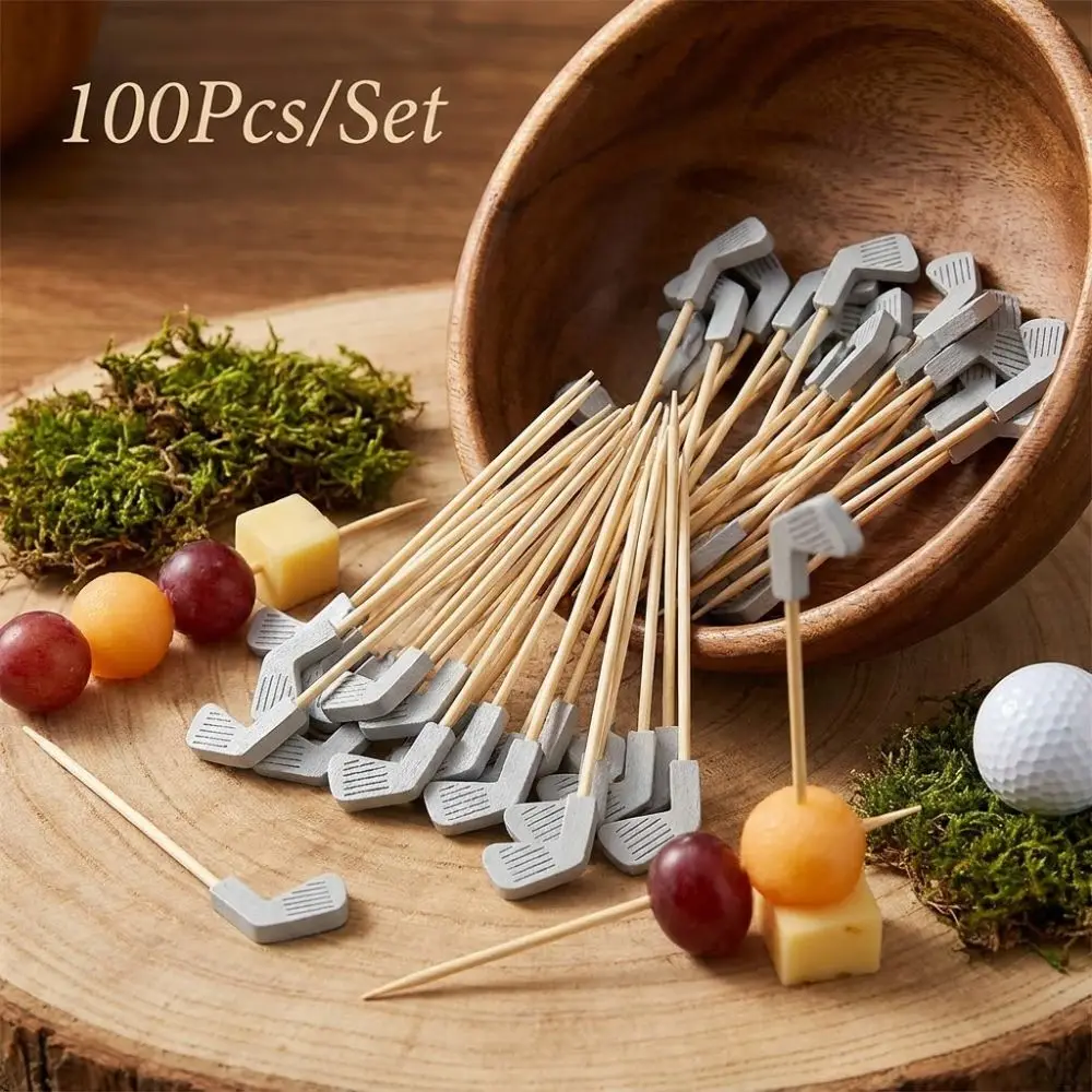 100Pcs/Set Wooden Disposable Golf Cocktail Picks Eco-Friendly Golf Club Head Design Golf Toothpicks Cake and Dessert Decoration