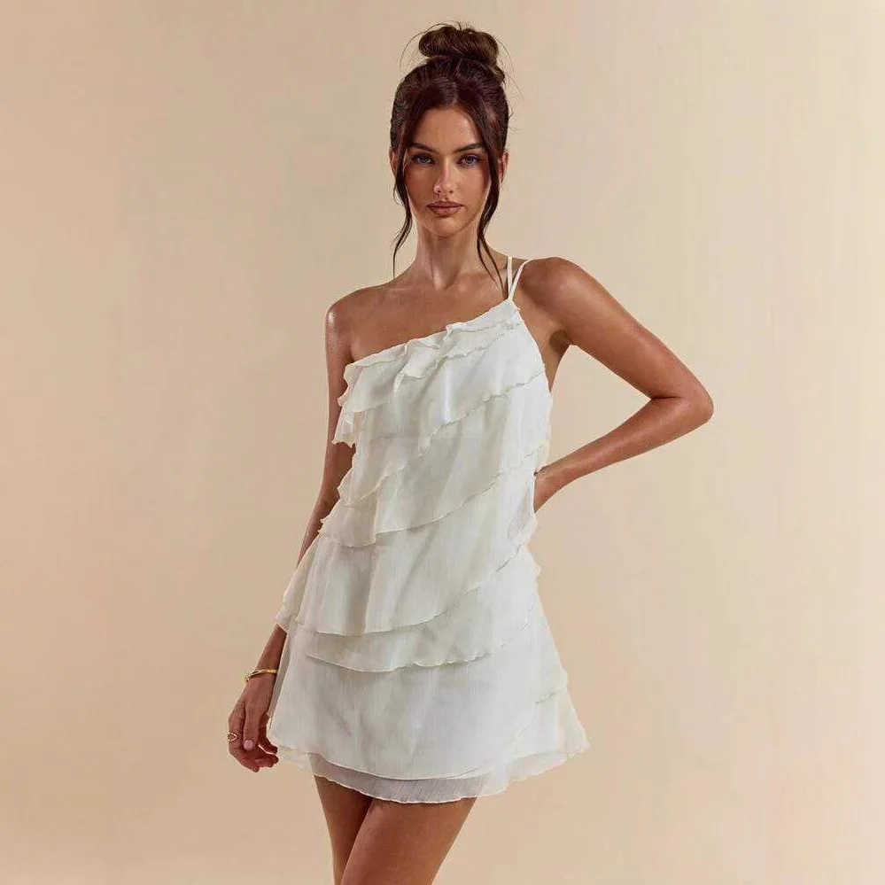 Verão praia férias cor sólida damasco em camadas folha de lótus bolo mini vestido feminino amazon 2025tk comércio exterior