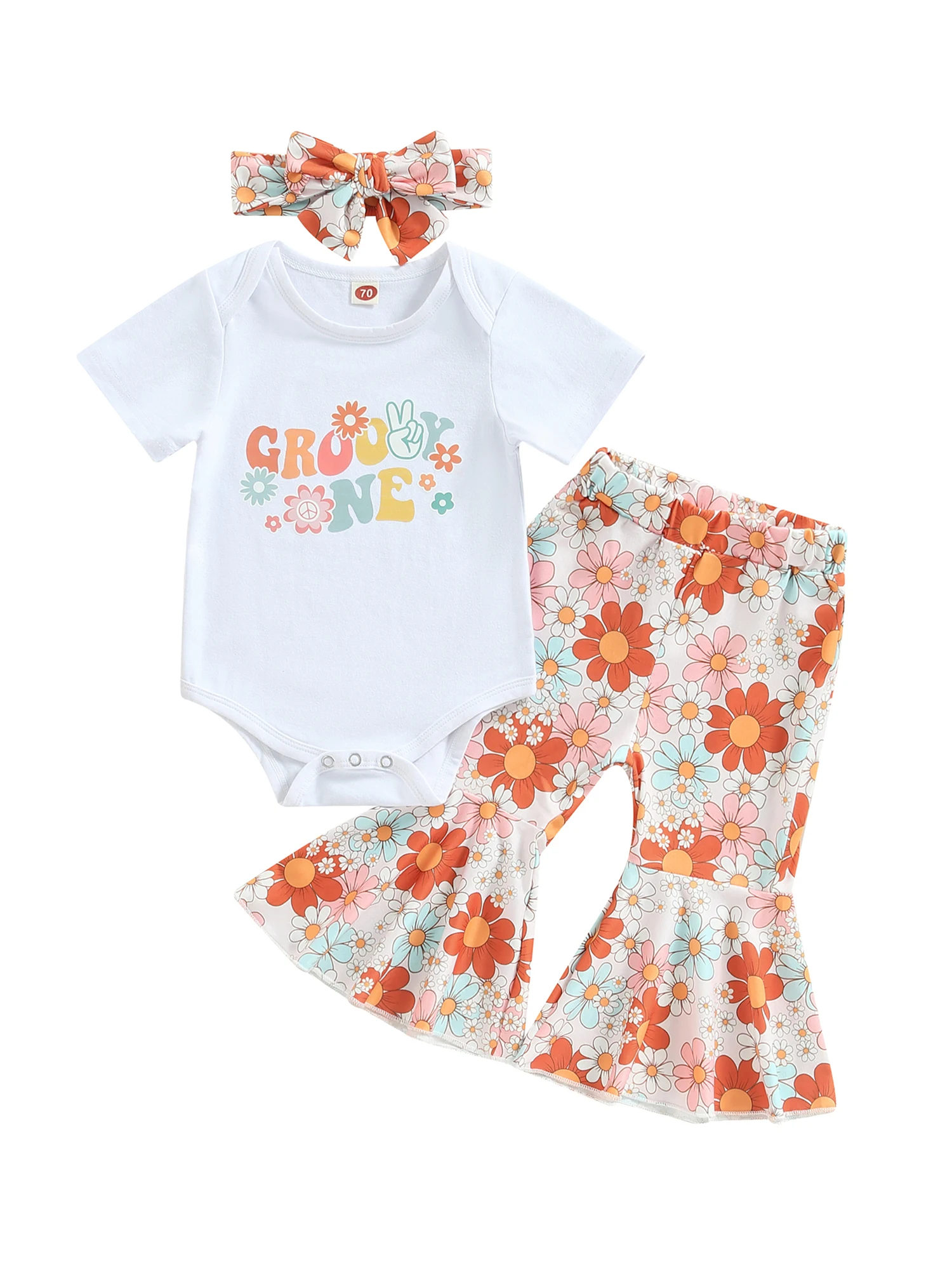 Conjunto de ropa de cumpleaños para niña pequeña, Groovy Pelele con estampado de One Two, Top Floral, pantalones de campana, turbante