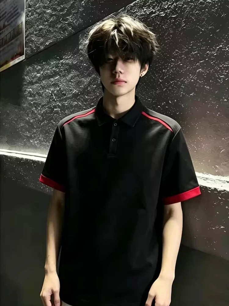 American Color Block Pleated T-Shirt Men Summer Design Collar  Shirt Short Sleeve Fashion Brand Half Sleeve Straight Fit ...