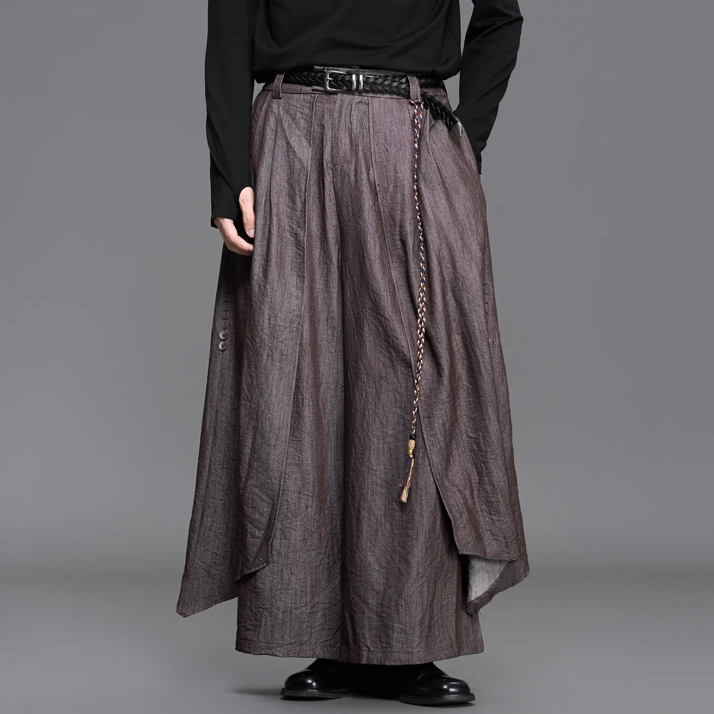 Fall 2026 Designer Cut Japanese-Style Retro Red Brown Casual Loose Wide Leg Pants Fake Two Men Samurai Pants