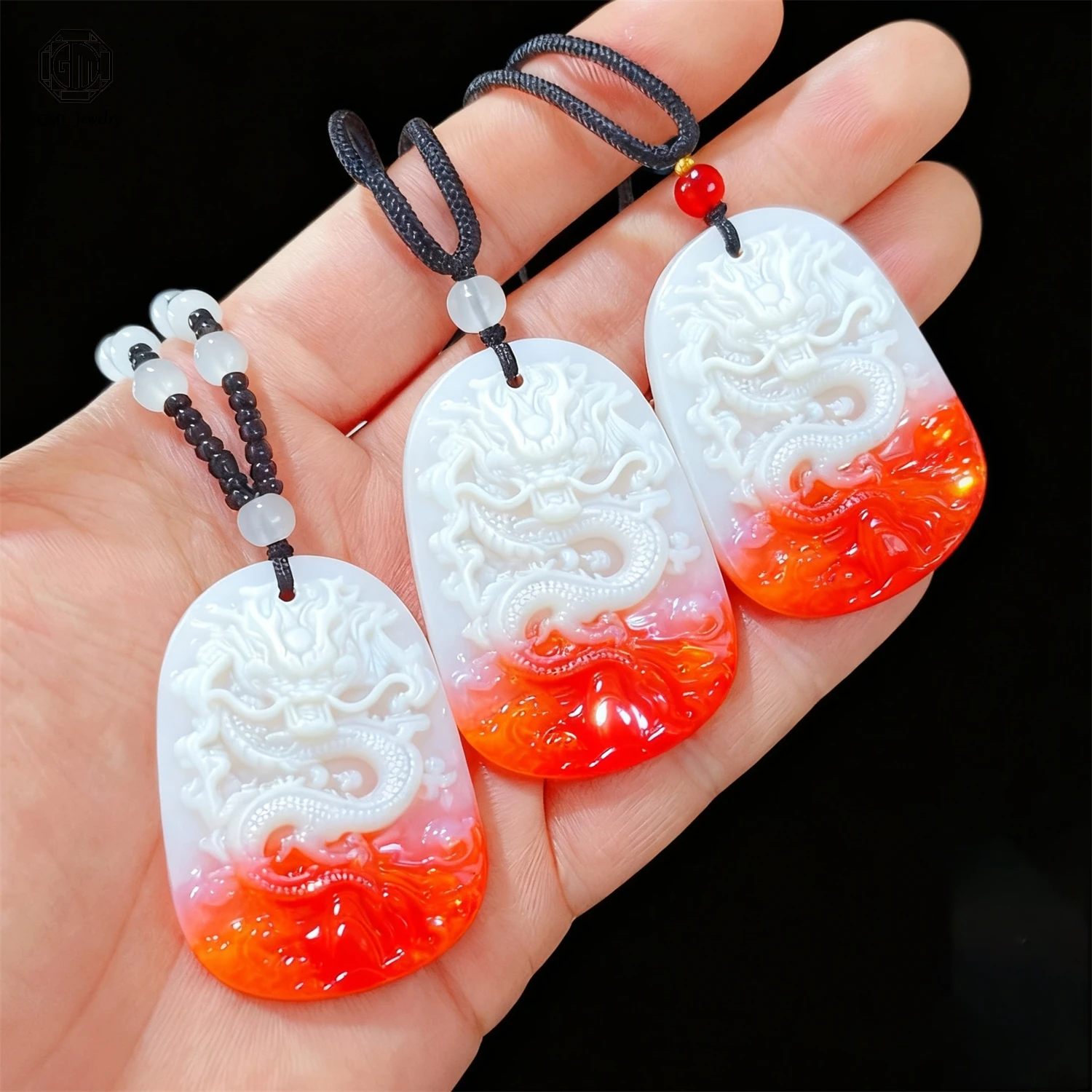 Two Tone Red White Jade Dragon Pendant Ethnic Style Carved Mythical Beast Nephrite Unisex Traditional Symbol Necklace Jewelry