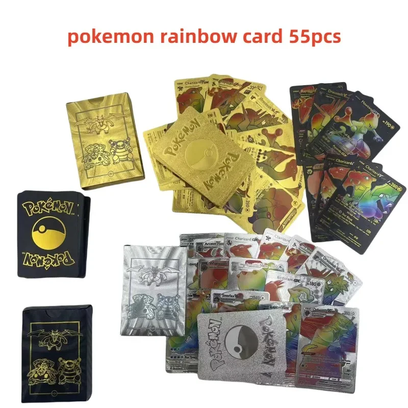 

55 шт., английская радужная карта с покемоном, Пикачу Чаризард Иви Мьюту, золотая, серебряная, черная коллекционная карта, игрушка в подарок