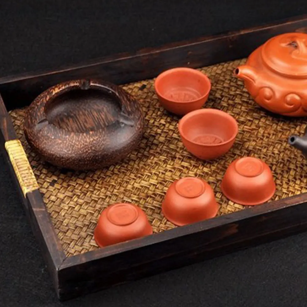 

1pc Bamboo Weaving Rustic Wooden Serving Tray Handcrafted Tea Cup Storage Plate Skid-Resistant Coffee Table Tray For