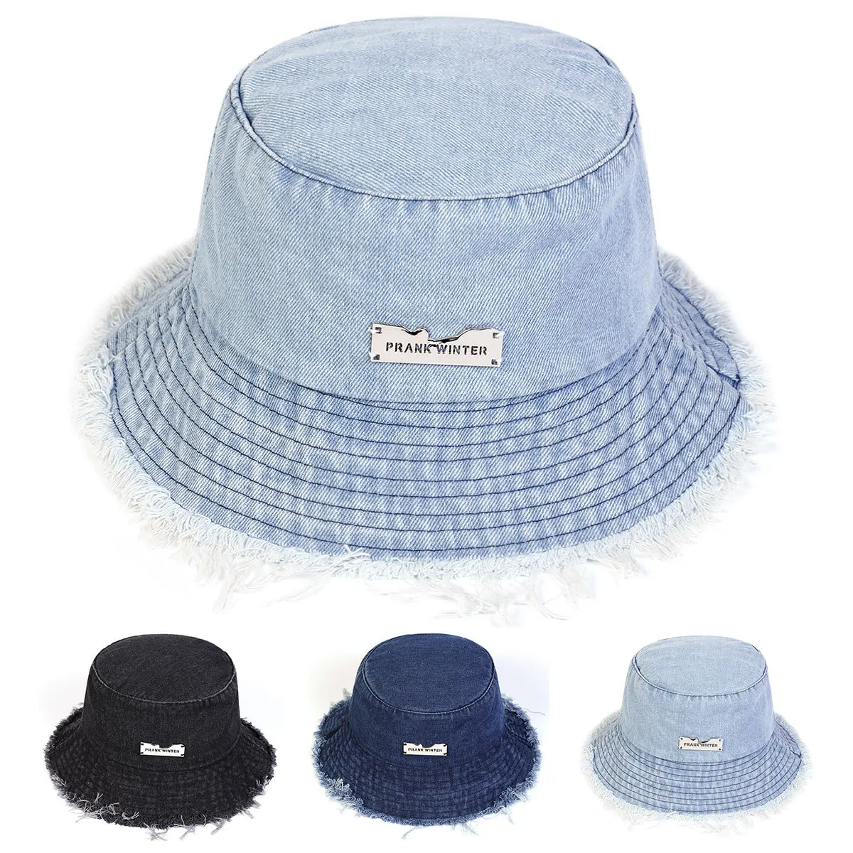 New  Washed Denim Blue Bucket Hat For Women Outdoor Sunshade Fisherman Cap Wide Brim Tassel Edge Label Sun Hat For Men