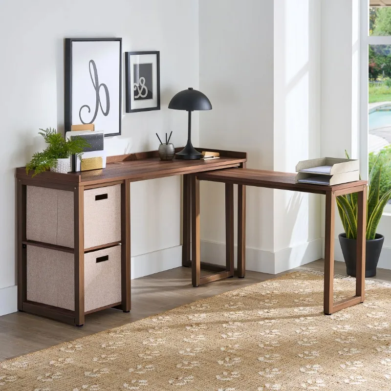 Modular L Desk with 2-Cube Storage, Walnut Finish,Rich walnut finish with wood grain texture,metal frame