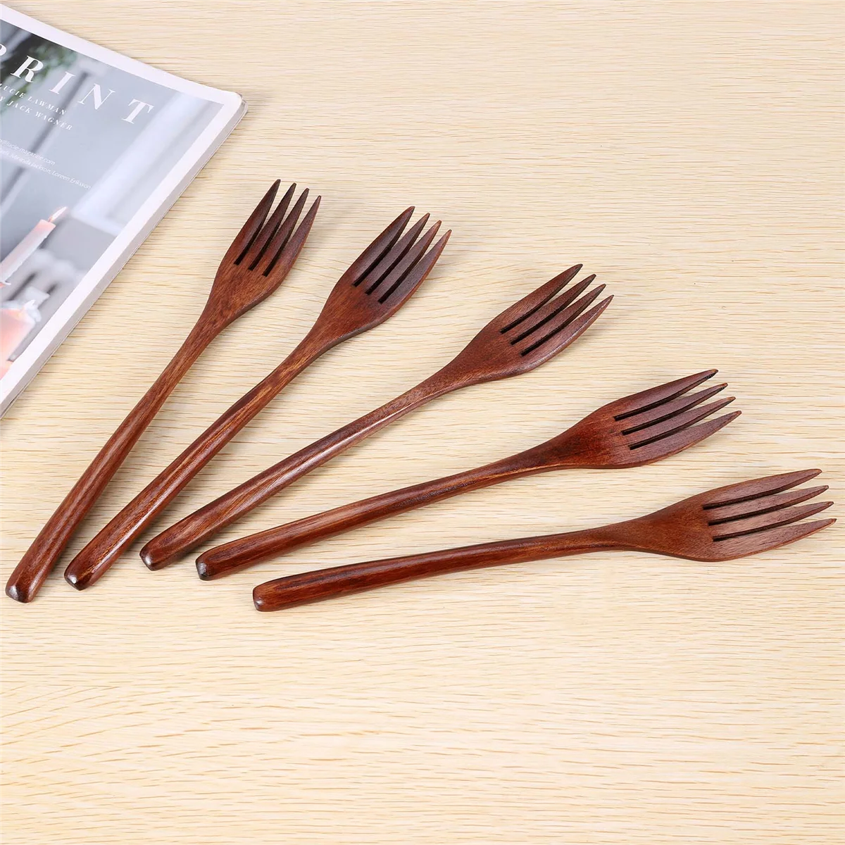 شوك خشبية، 5 قطع من شوكة عشاء السلطة الخشبية اليابانية الصديقة للبيئة، أدوات مائدة للأطفال والكبار (5 قطع بدون حبل خشبي