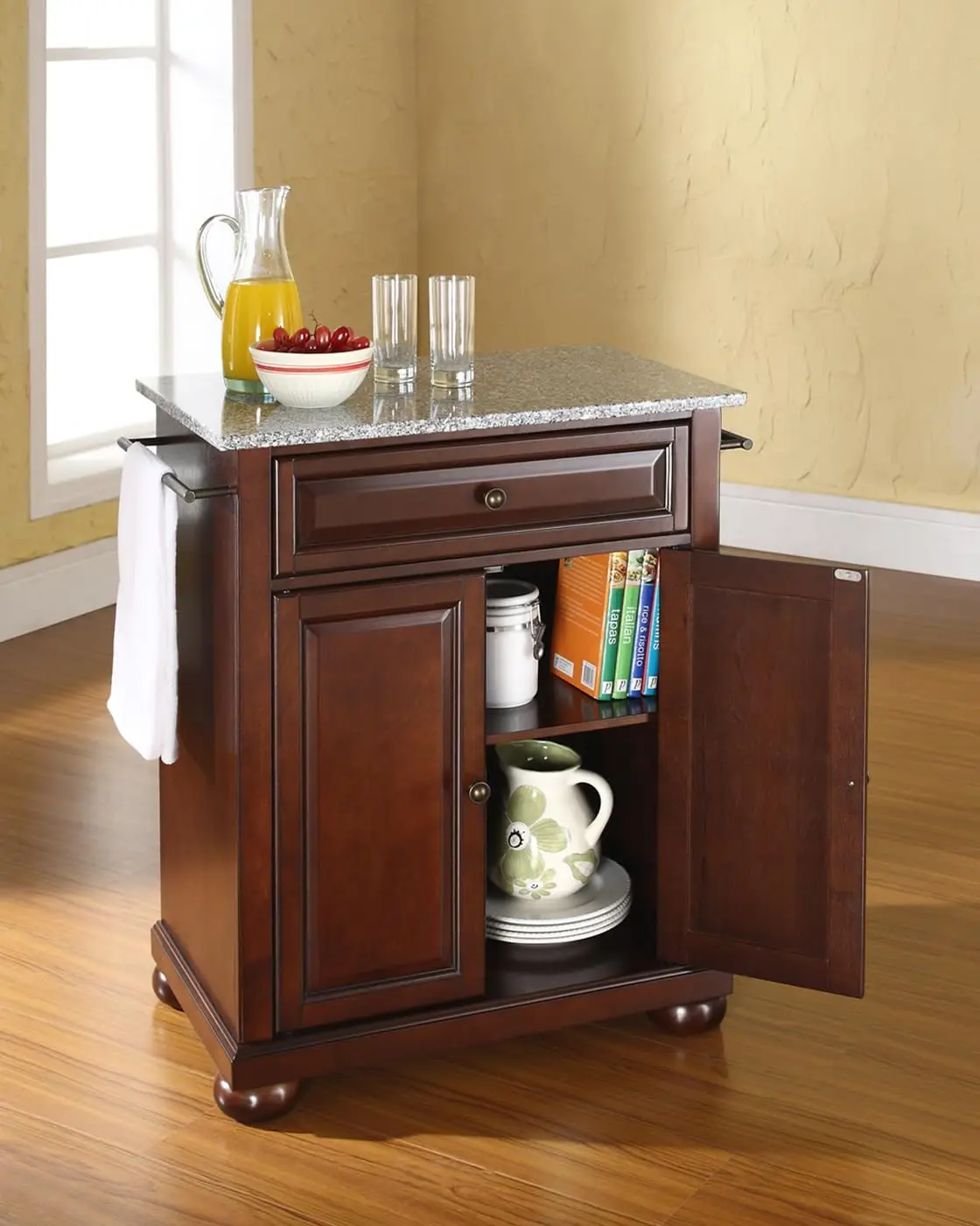 Alexandria Cuisine Kitchen Island with Solid Grey Granite Top - Vintage Mahogany