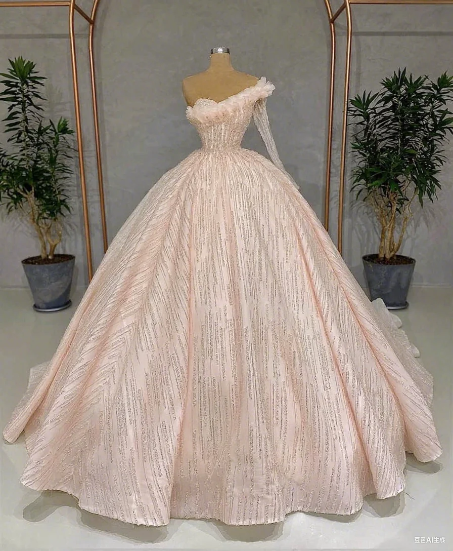 Elegantes Ballkleid-Hochzeitskleid mit Pailletten, Rüschen, Brautkleider, eine Schulter, lange Ärmel, Sweep-Zug-Kleider, individuelle Vestidos