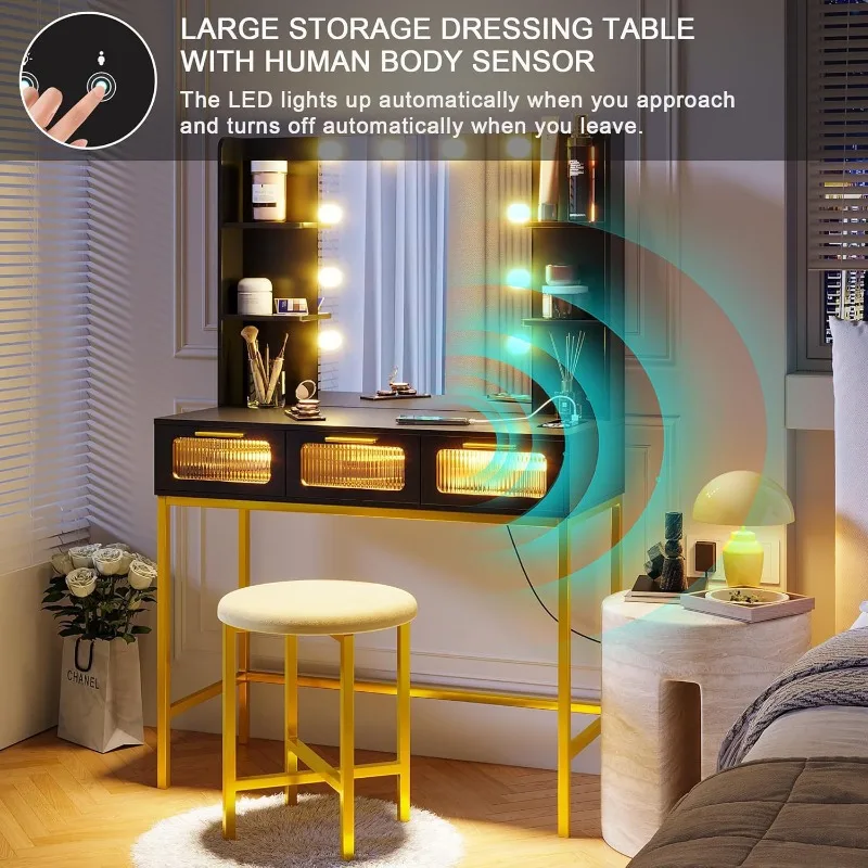 Small vanity charging station Mirror 10 light bulbs LED vanity 3 drawers/stool vanity table