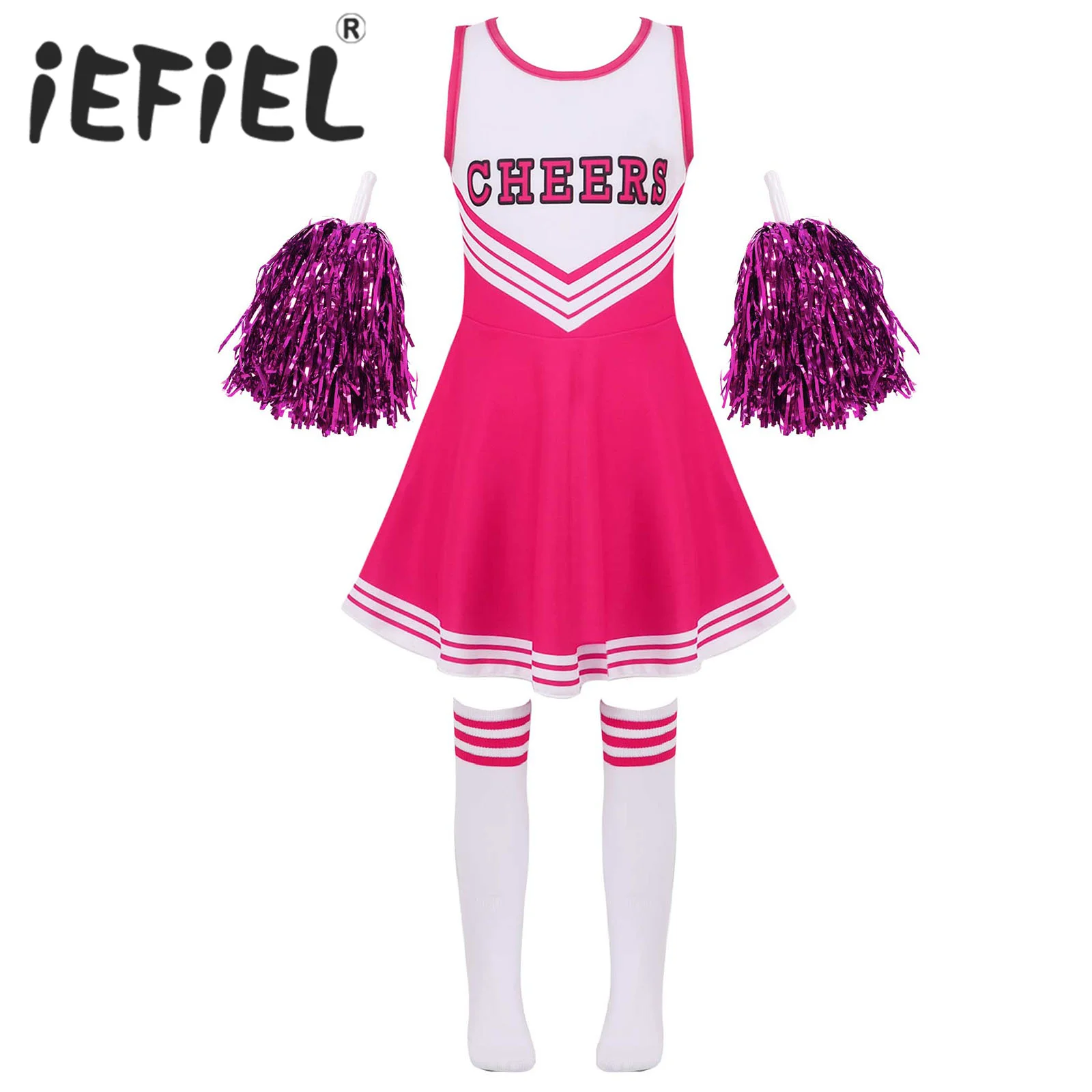 

Kid Girls Cheerleader Costume School Girls Cheer Up Uniform Outfit Sleeveless Dance Dress with Cheerleading Flower And Socks Set