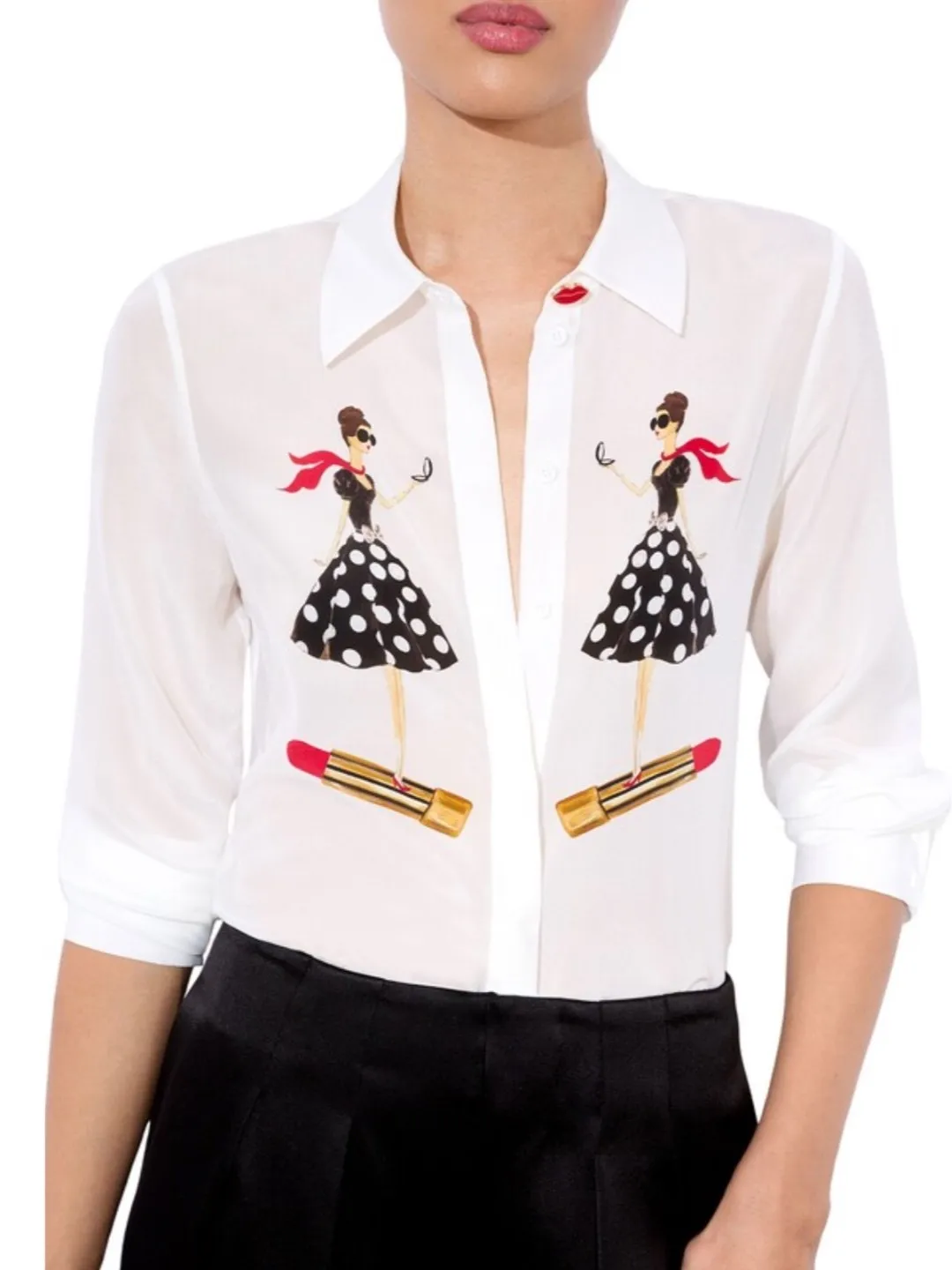 

Women Cartoon Print White Shirt Long Sleeve Single Breasted Turn-down Collar Fashion Female Silk Blouse