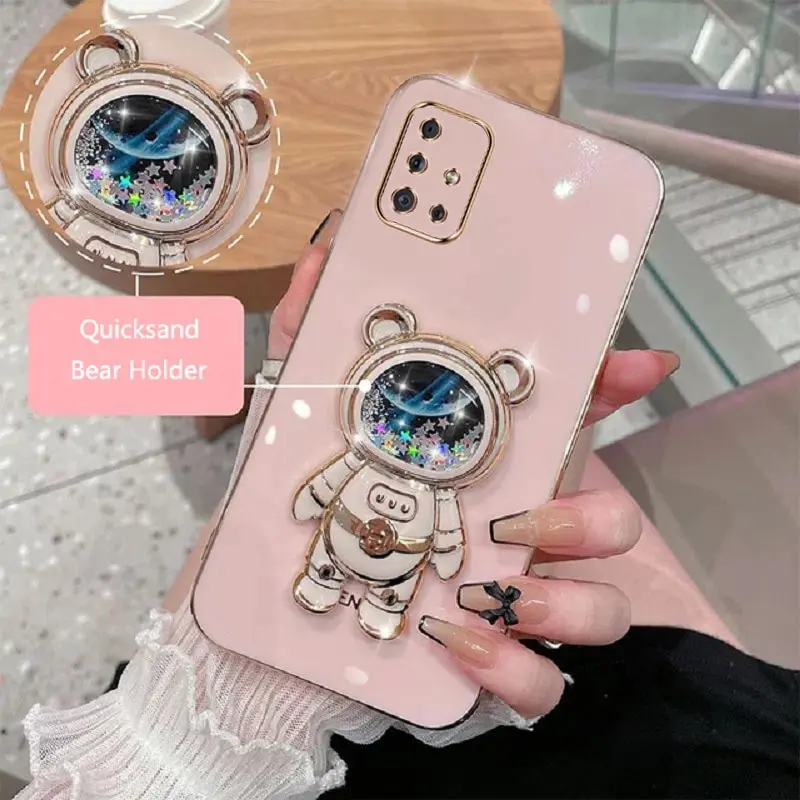 Phone Case For Samsung Galaxy A71 4G 71 Soft Silicone Luxury Plating Cartoon Bear Fold Stand Phone Case Cover