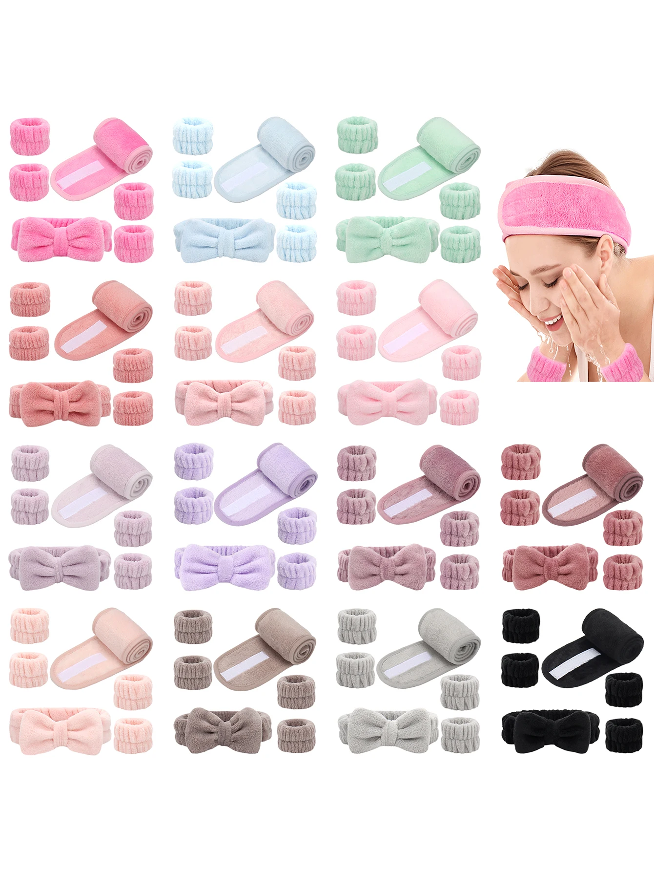 벨크로 헤드밴드 + 리본 헤드밴드 6피스 세트, 벨크로 헤드밴드 1개 & 리본 헤드밴드 1개 & 4피스 손목밴드, 모든 피부 타입에 적합
