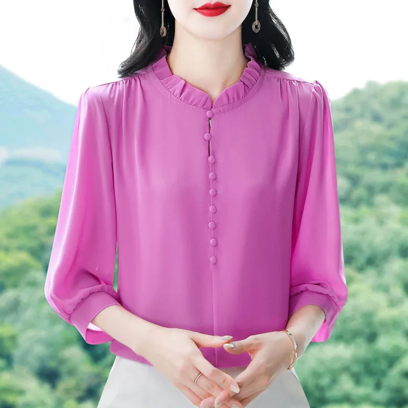 2025 Spring Summer Women Tops Patchwork Silk Chiffon Blouse 3/4 Sleeve Elegant Fashion Office Lady Jacquard Shirt Blusa