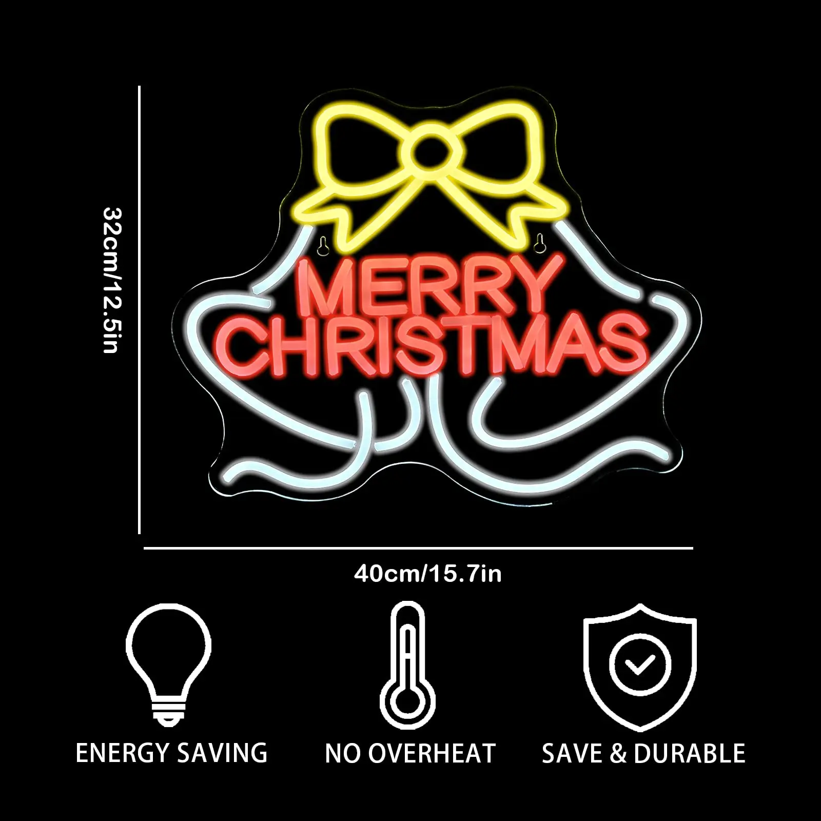 Esclusiva insegna al neon di Buon Natale con campana |   Decorazione da parete a LED alimentata tramite USB per feste di Natale in casa |   Decorazioni natalizie ideali per la famiglia