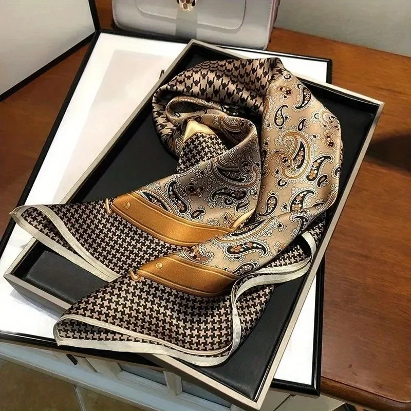 Luxury Paisley Houndstooth Printed Square Scarf Coffee Color Thin Smooth Neck Scarf Vintage Style Sunscreen Headscarf For Women