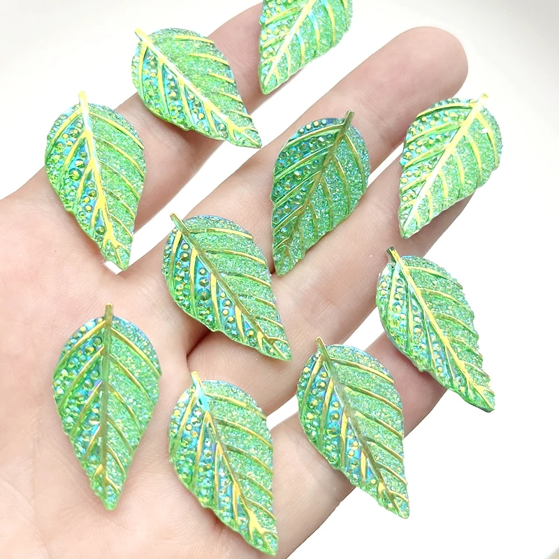 10pcs 33 * 17mm sparkling leaf shaped green AB resin Rhinestone flat back scrapbook DIY jewelry hair clip decoration accessories