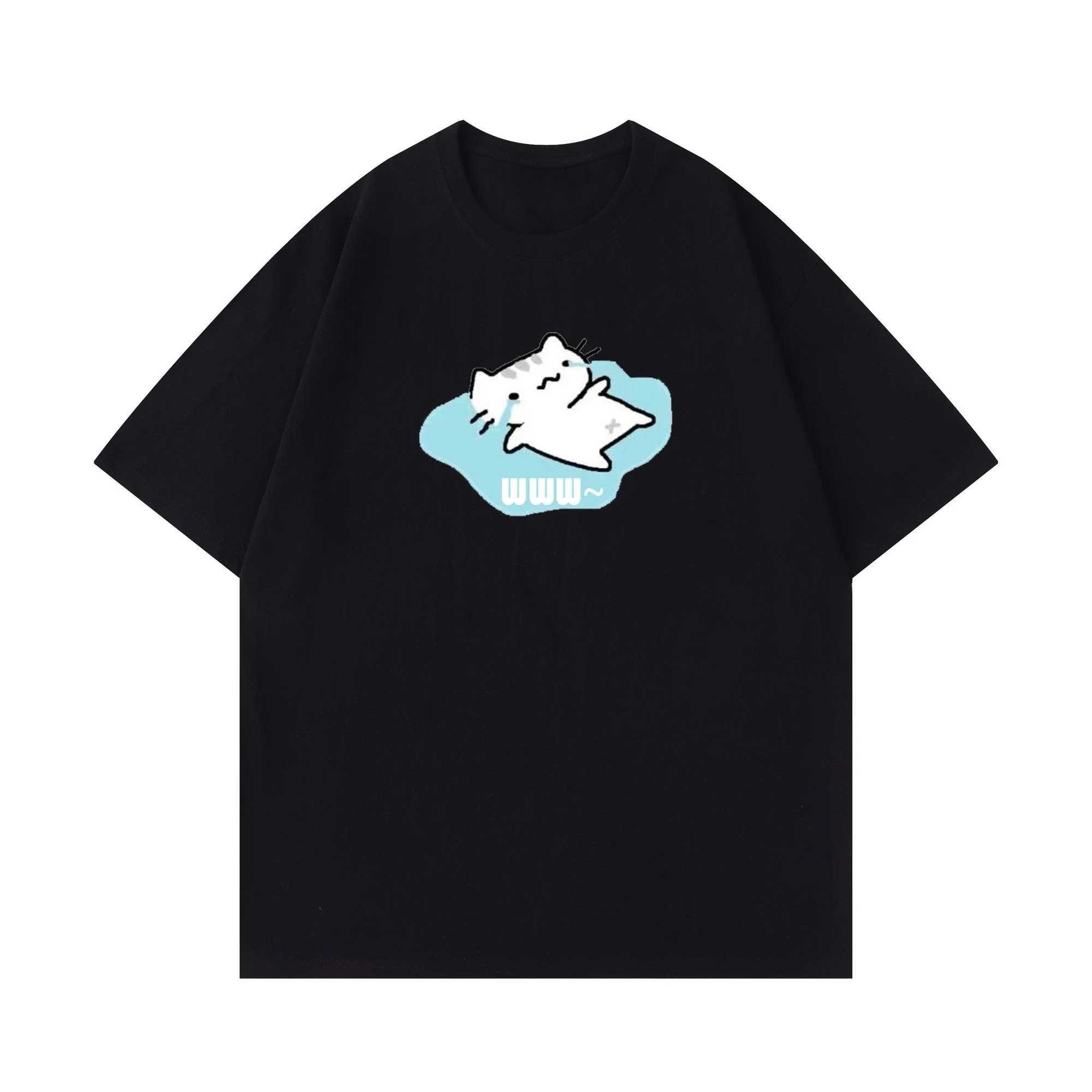 

Футболка Kawaii Black Cat White Feline с расшитыми руками Www~ Текст Мягкий хлопок с круглым вырезом Свободная посадка Повседневная уличная одежда Японская