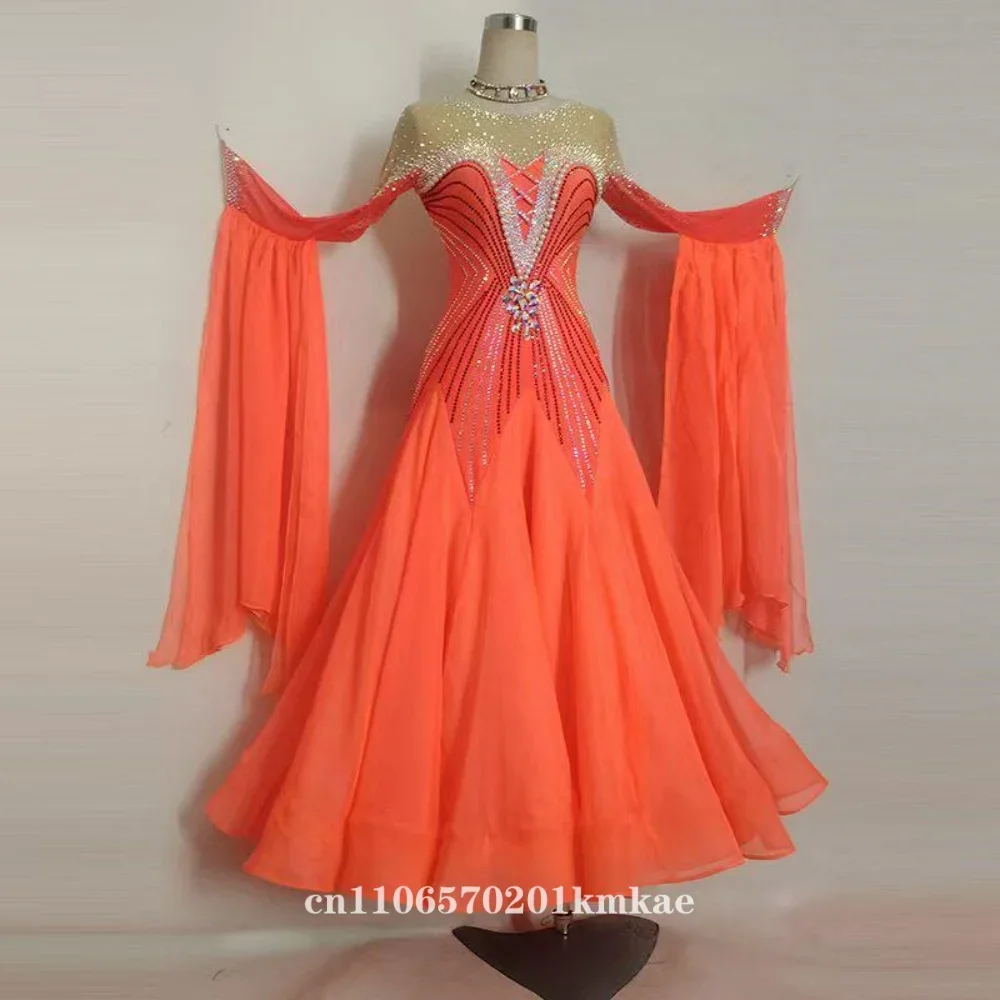 Elegant Orange Ballroom Dance Dress for Women Off Shoulder Rhinestone Bodice Long Flowy Sleeves for Competition