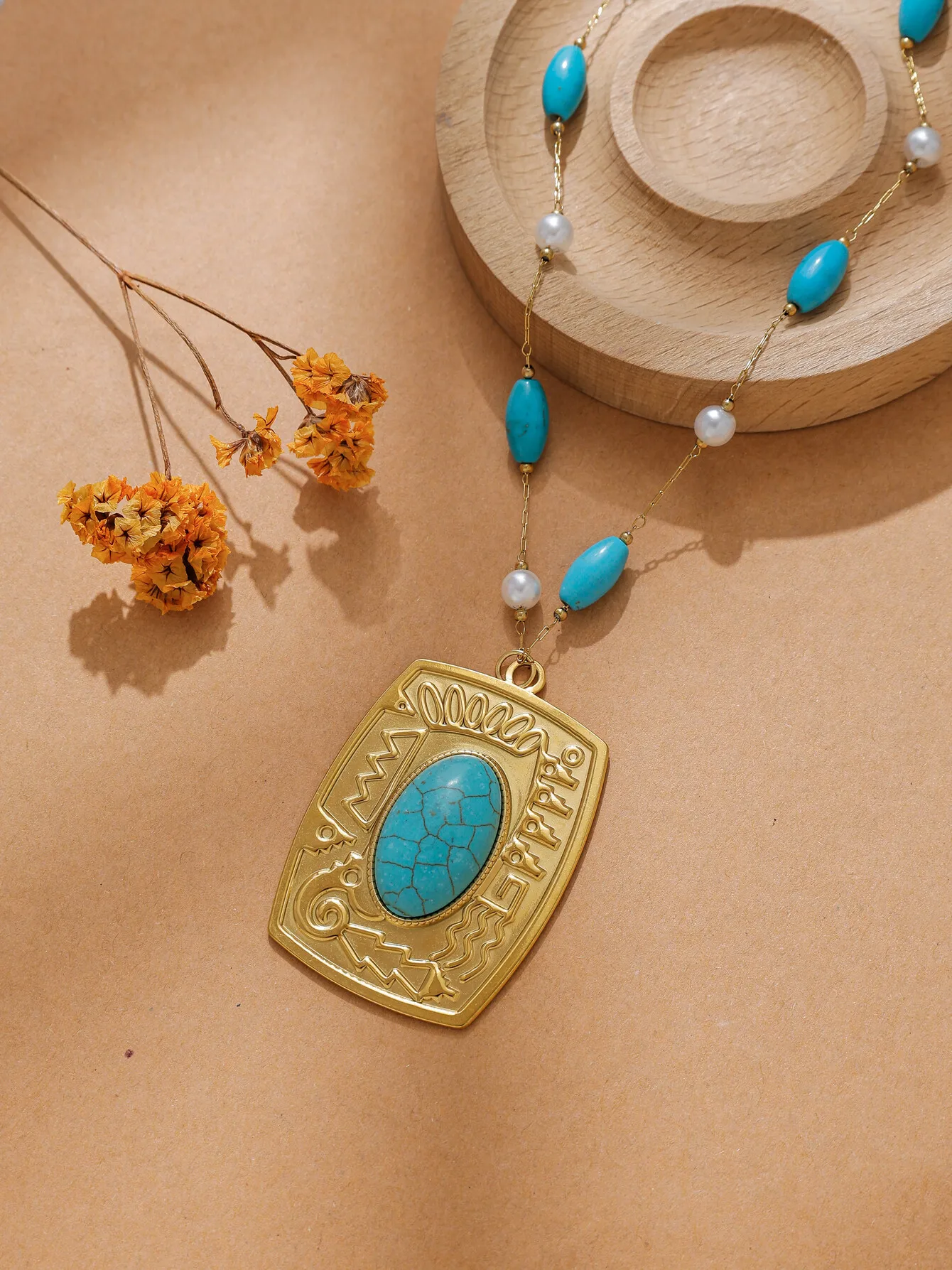 Collana a catena con perline di perle turchesi con ciondolo croce in acciaio inossidabile 316L, regalo per feste con catena classica a clavicola da donna