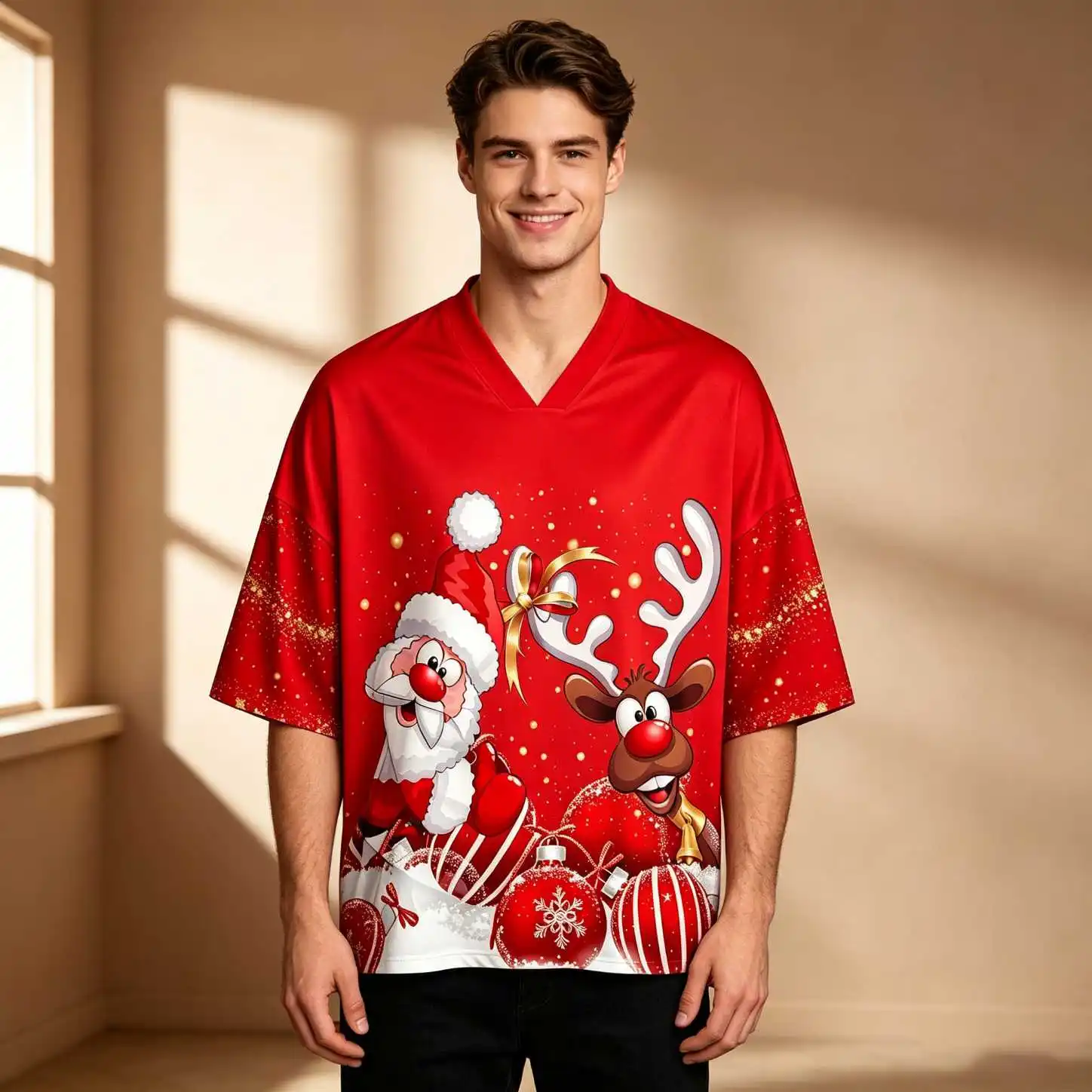 Christmas Winter Men Funny Cartoon Santa Reindeer Snowflake Print Oversized V Neck Elbow Sleeve Tee, Loose Fit