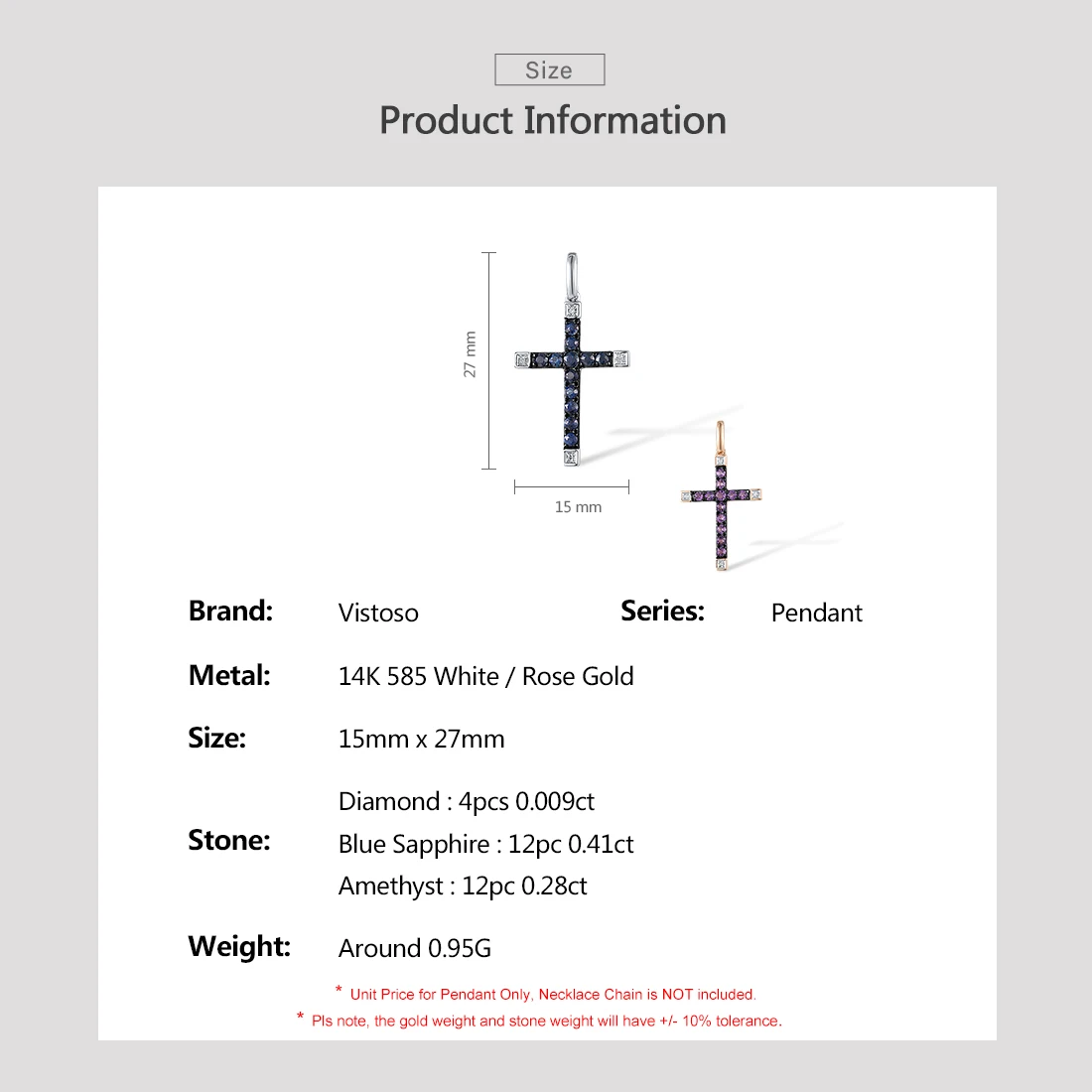 VISTOSO 14K 585 Rose White Gold Pendant For Women Sparkling Diamond Amethyst Sapphire Cross Style Classic Trendy Fine Jewelry