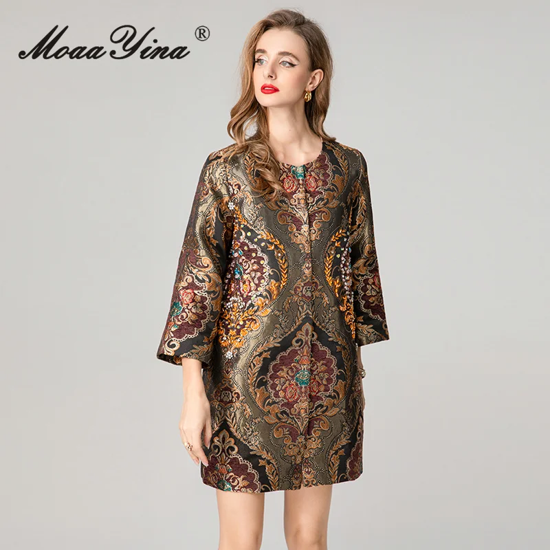 معطف MoaaYina لخريف وشتاء 2025 للسيدات جديد عصري برقبة دائرية وأكمام طويلة من قماش الجاكار وخرز للأظافر سترة واقية من الرياح #5