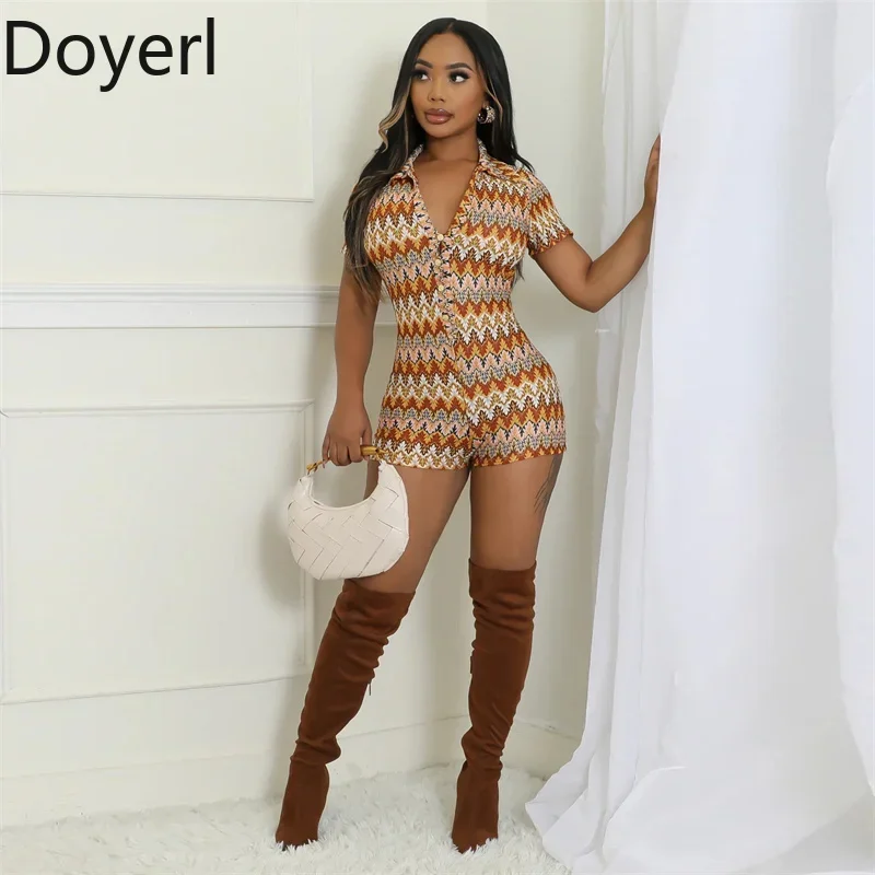 Sexy Wave Striped Stretchy Sheath Short Jumpsuit Woman Summer Clothes Front Single-breasted V-neck Skinny One Piece Club Rompers