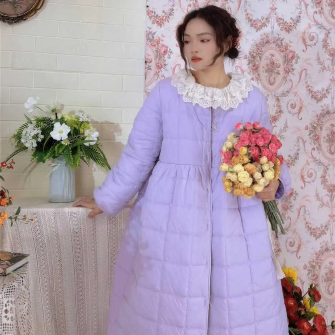 Loose Women's Cotton Jacket Mid-Length Over-Knee Warm Outerwear round Neck Cotton Winter New Style