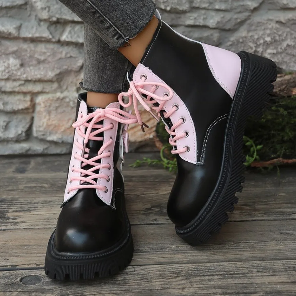 Süße Rosa Schleifenknoten-Stiefeletten in Mischfarben für Damen, Herbst 2026, mit Dicker Sohle, Schnürung, Candy-Punk-Stil und Metalldekoration, Größe 42 – Detail 20
