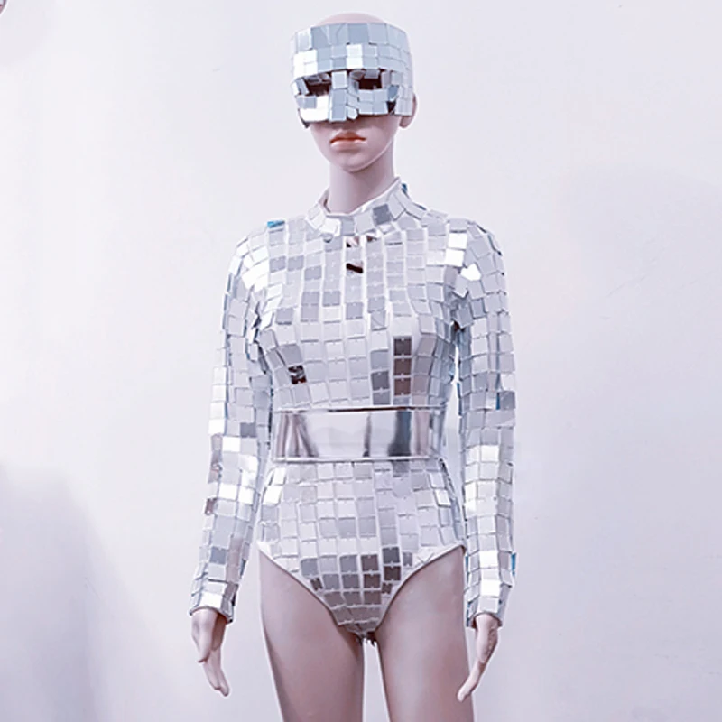 Futuristic Stage Costume Gold Long Sleeve Bodysuit Drag Queen Costumes Silver Mirror Rave Outfit Gogo Show Dance Clothes VDL4640