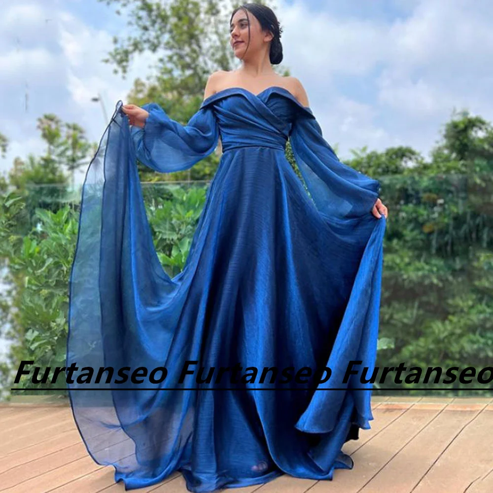 

Saudi Arabian Evening Dress Long Sleeve A-Line Pleated Off The Shoulder Elegant Dubai Women's Zipper Sweep Train فساتين السهرة