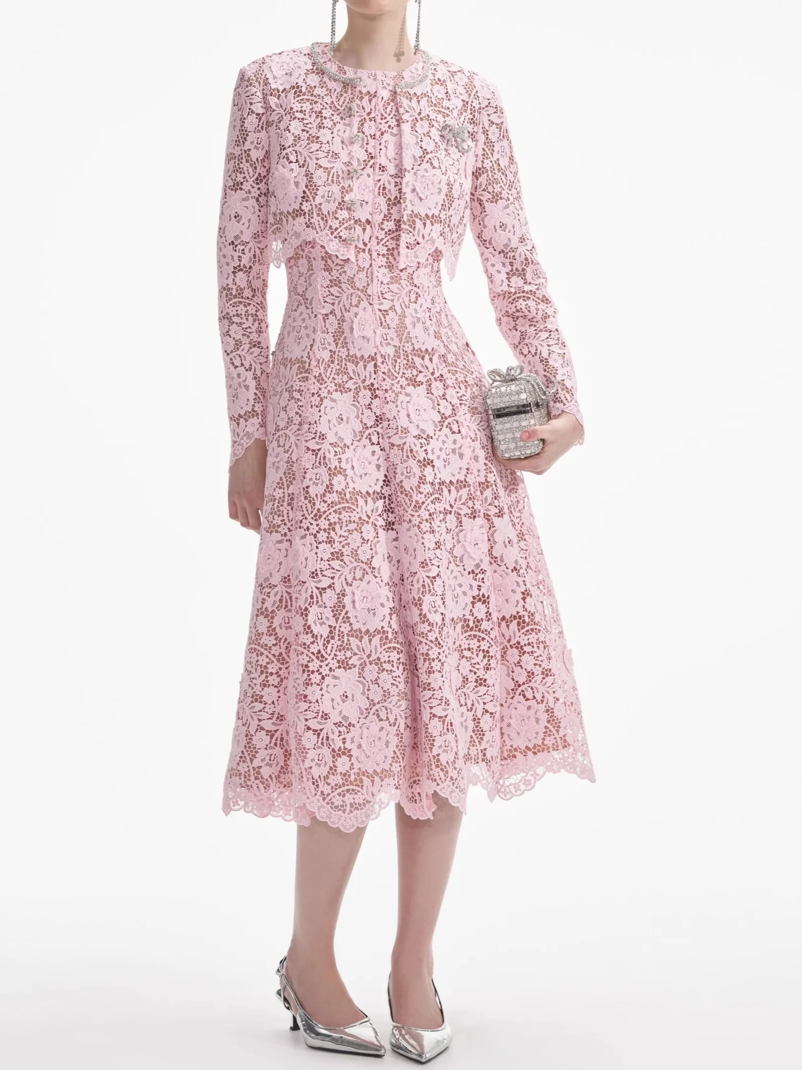

Lace Embroidery Women Pink Set Round Neck Long Sleeve Cardigan + Sleeveless High Waist A-Line Midi Dress Elegant Ladies Suits