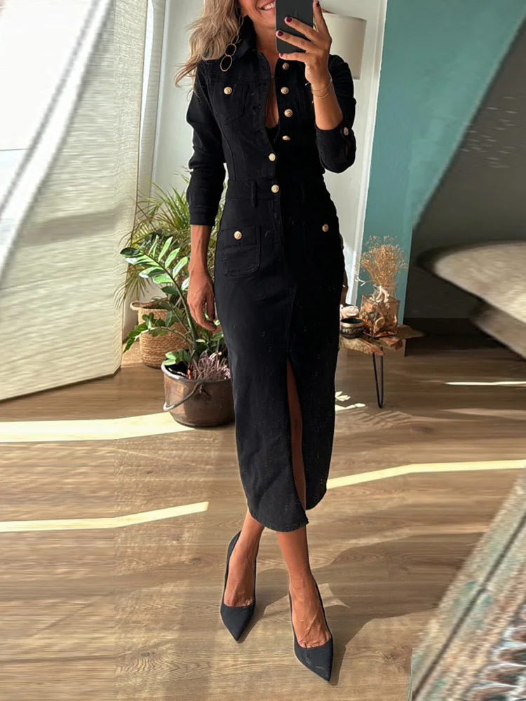 Denim Style Solid Patchwork Party Dress, Women Autumn Turn-Down Collar Simple Maxi Dress, 2025 Long Sleeve Fashion Ladies Dress